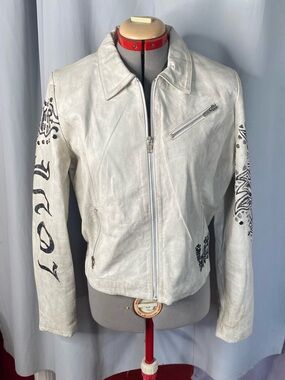 White ROCKSTAR worn/aged Women's Leather Jacket - Vintage
